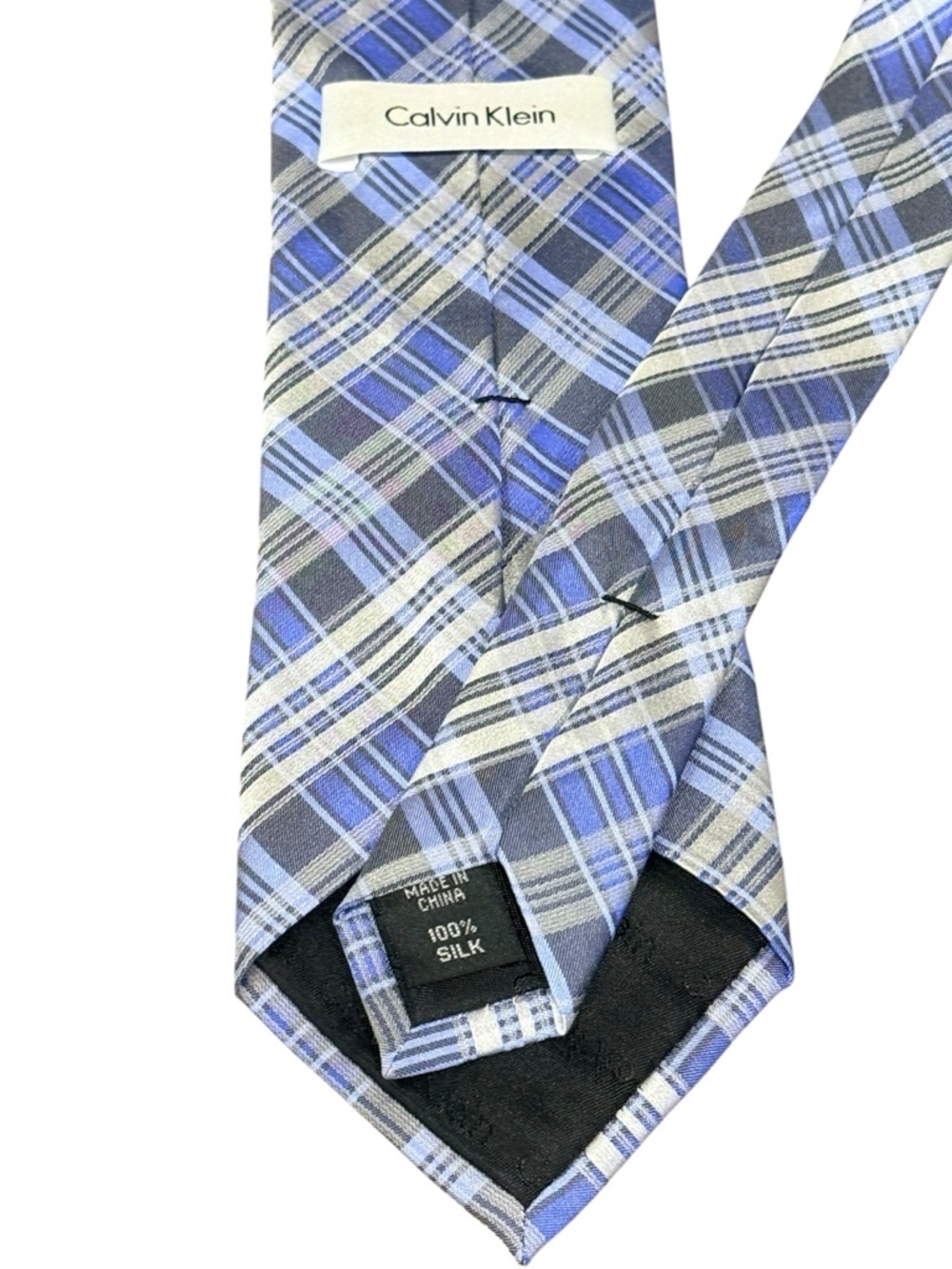 Calvin Klein Silk Tie Blue Gray Plaid Slim Cut Necktie 3.25” Width 59” Length - Picture 5 of 5